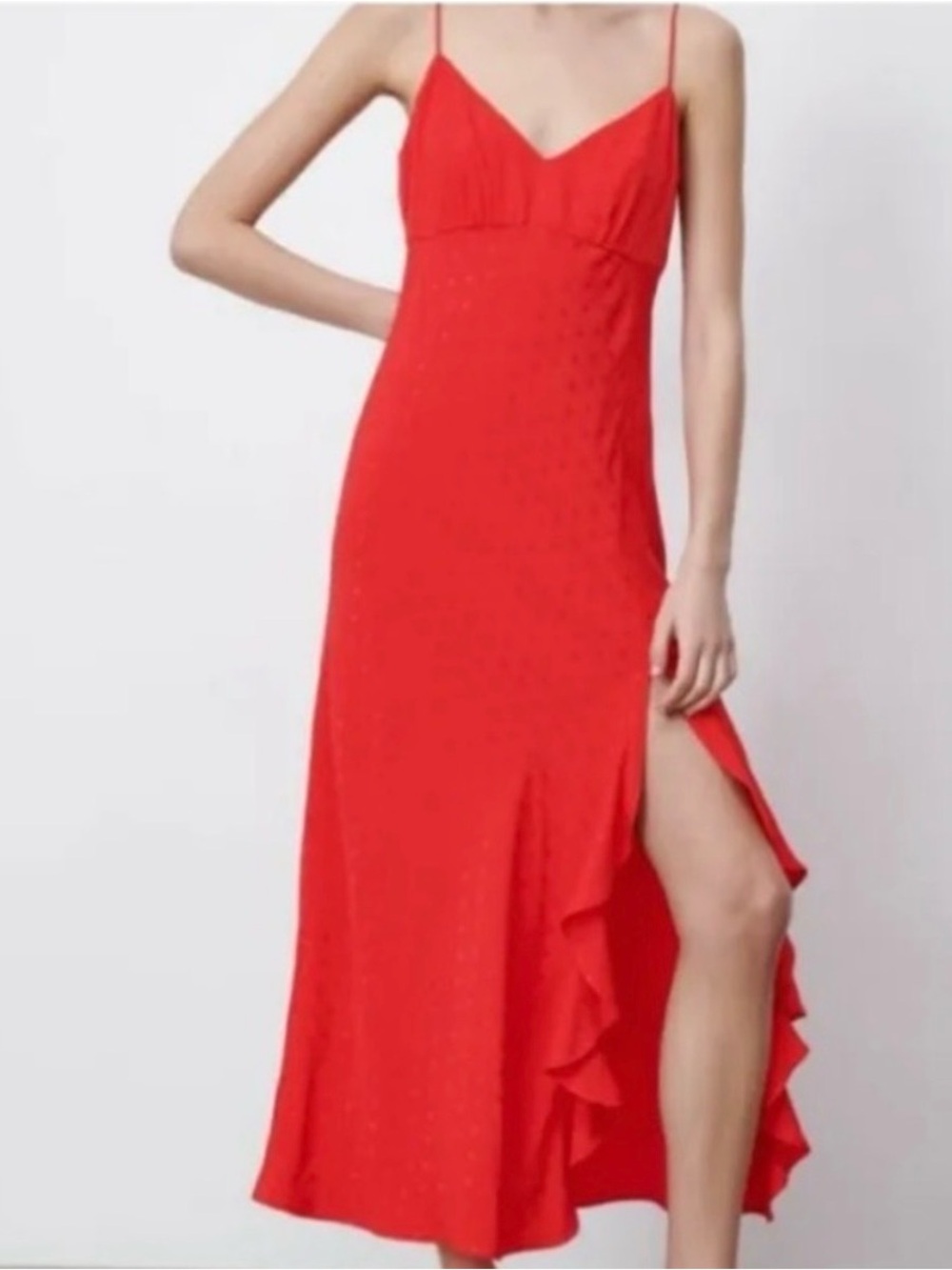 ZARA Jacquard Dotted Slip Dress with Ruffle Trim split SIZE: SMALL
